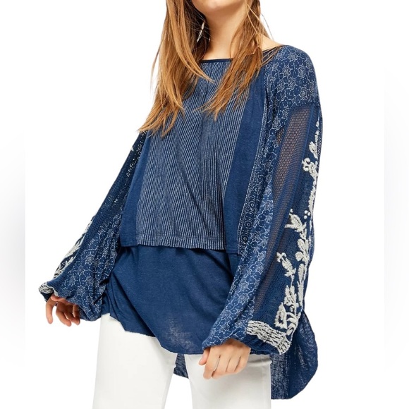 Free People indigo dreams embroidered tunic top blue oversized fit women’s xs - Picture 1 of 8